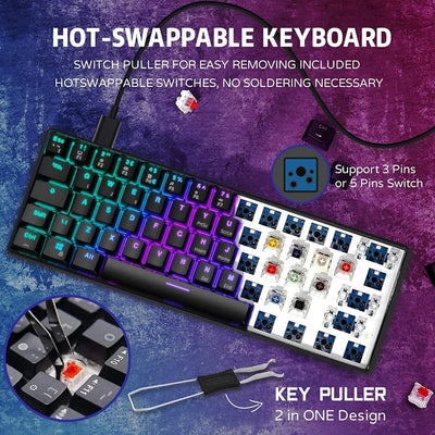 RK ROYAL KLUDGE RK61 Mechanische Tastatur 2,4 GHz Kabellose/Bluetooth/Verkabelte 60% Gaming Tastatur RGB-Beleuchtung Hot-Swap-fähiger Blauer Schalter, Kompatibel für Win/Mac, Schwarz (QWERTZ)