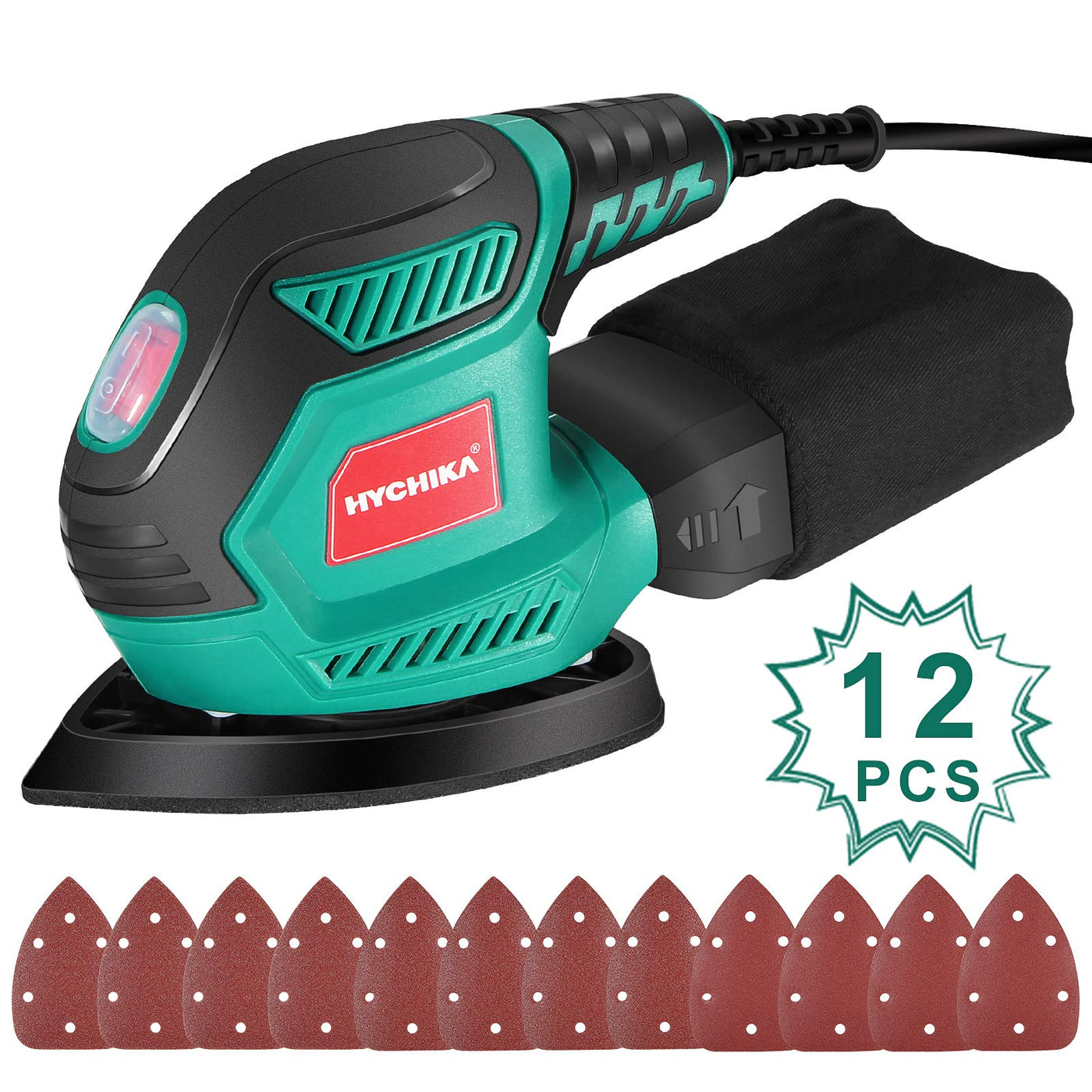 HYCHIKA Multischleifer, Deltaschleifer 200W, mit 12 Schleifblätter (Körnung 80/120/240), 14000 U/min, Klettfix-System, Staubsaugbeutel, Schleifmaschine für Ecke & Kante, Metal & Holz