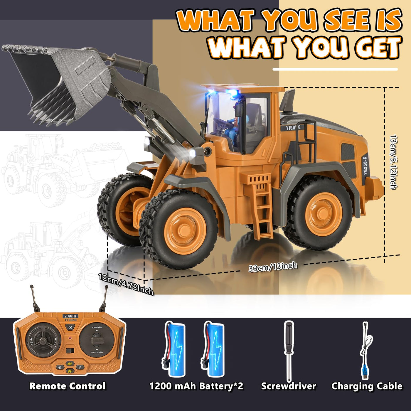 Ferngesteuerter Bagger Spielzeug Radlader Bulldozer mit Licht&Sound für Jungen 3-12 Jahre, 2,4GHz RC Bagger Bulldozer mit Metallschaufel, Baustellenfahrzeuge Kinder Geschenk für Geburtstag/Weihnachten