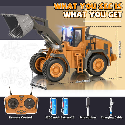 Ferngesteuerter Bagger Spielzeug Radlader Bulldozer mit Licht&Sound für Jungen 3-12 Jahre, 2,4GHz RC Bagger Bulldozer mit Metallschaufel, Baustellenfahrzeuge Kinder Geschenk für Geburtstag/Weihnachten