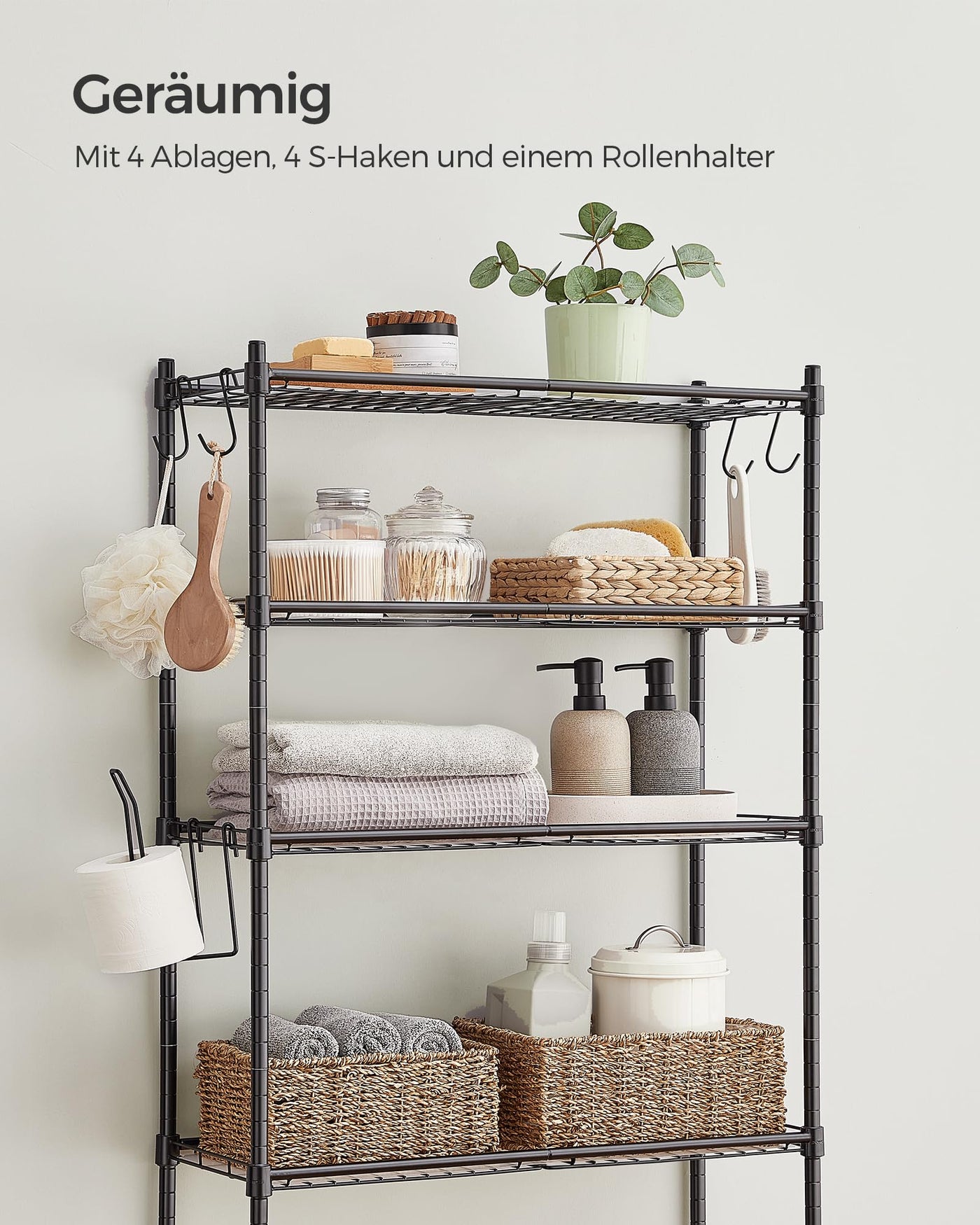 SONGMICS 4-stöckiges Toilettenregal, Badezimmerregal, Waschmaschinenregal, verstellbare Ablagen, mit Haken, Toilettenpapierhalter, platzsparend, 30 x 63 x 176 cm, schwarz BTS013B01
