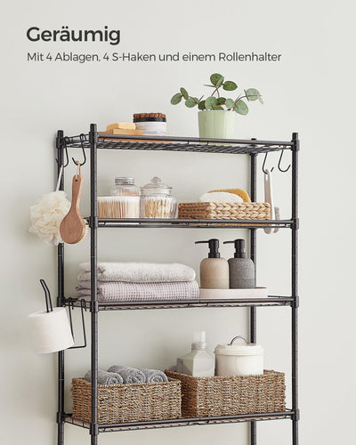 SONGMICS 4-stöckiges Toilettenregal, Badezimmerregal, Waschmaschinenregal, verstellbare Ablagen, mit Haken, Toilettenpapierhalter, platzsparend, 30 x 63 x 176 cm, schwarz BTS013B01