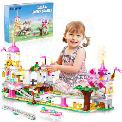 CUBIMANA Freund Achterbahn Baukasten - 719 Stück Mädchen City Vergnügungspark Achterbahn Baukasten Spielplatz Windmühle Bau Geburtstag Geschenk Spielzeug für Kinder Mädchen Jungen Alter 6 7 8 9 10 11+