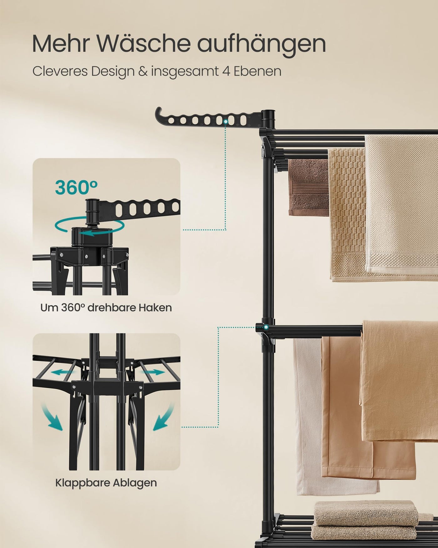 SONGMICS Wäscheständer, Standtrockner 4 Ebenen, Flügelwäscheständer, klappbare Flügel, mit Rollen, 63,5 x 128 x 173 cm, groß, einfacher Aufbau, für Innen- und Außenbereich, tintenschwarz LLR701B01