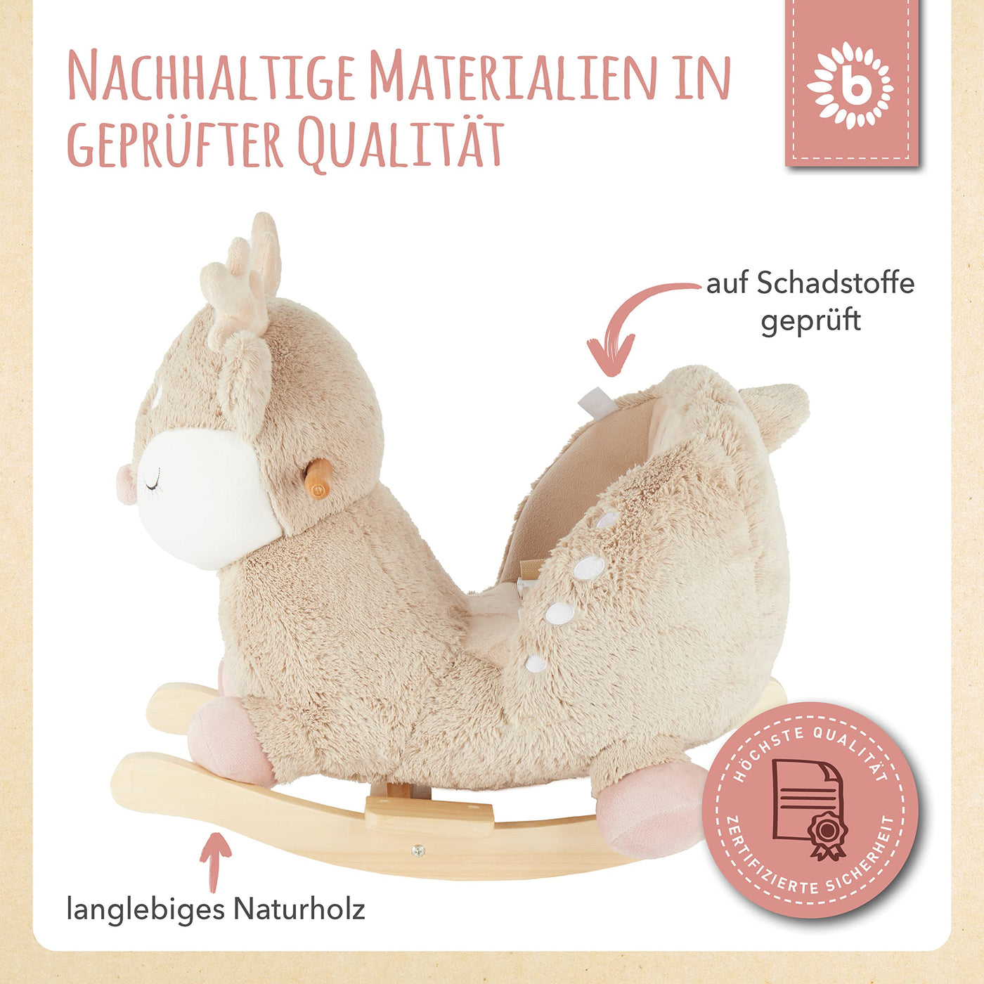 Bieco Plüsch Schaukeltier REH, 60 cm | Kinder Schaukelstuhl mit Sicherheitsgurt | Baby Schaukel | Schaukel Kleinkind | Schaukeltier Baby Schaukelwippe ab 9 Monate | Schaukelpferd Holz