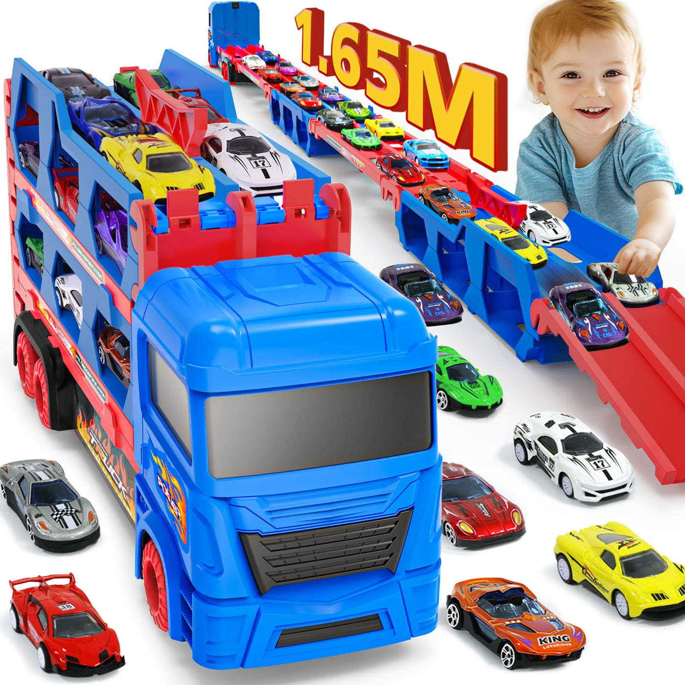 maysida Transport Truck Spielzeugautos für Jungen 3, 4, 5, 6 Jahren, 165cm&Faltbare Rennbahn Truck mit 10 Autos Spielzeug-4 Rückziehautos&6 Rennautos, Transporter Spielzeug-Kinder Geschenke für jungen