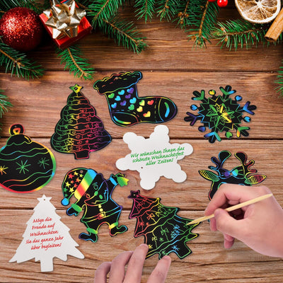 48 Stück Weihnachten Kratzbilder für Kinder, Regenbogen Scratch Art Set Kratzpapier zum Basteln, Scratch Paper mit 8 Holzstiften 48 Bändern Für Weihnachtsdeko, Adventskalender Füllung Für Kinder