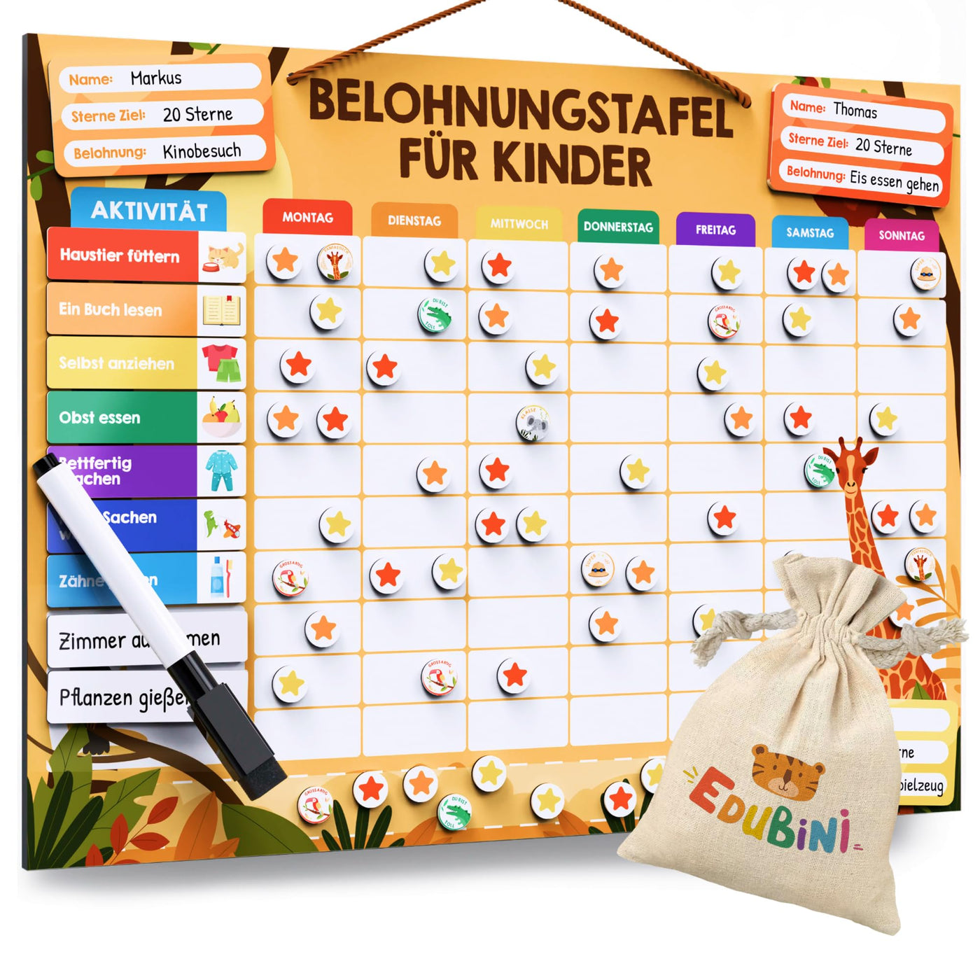 Belohnungstafel für Kinder - [100 Aufgaben + 350 Magnete] - Belohnungssystem für Verantwortung - Family Plan, Montessori Magnettafel, Wochenplaner, Adhs Hilfsmittel - inkl. Tasche, Stift (Safari)