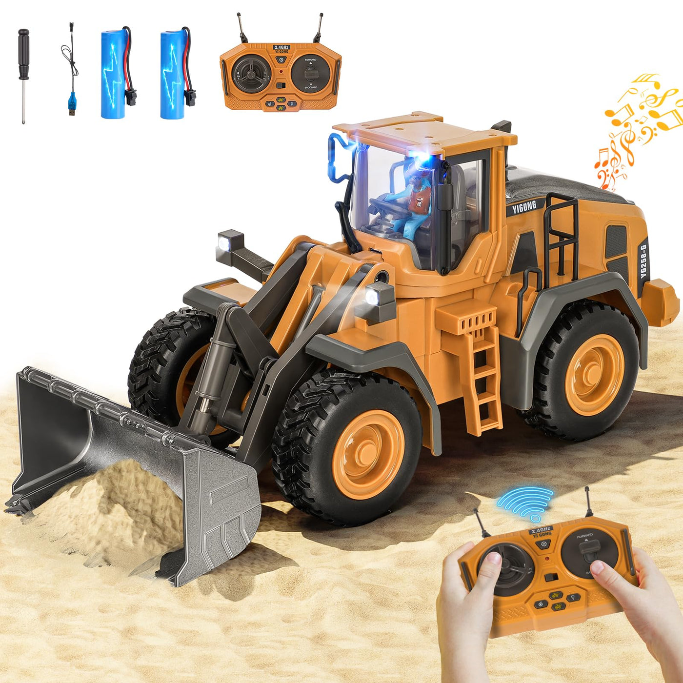 Ferngesteuerter Bagger Spielzeug Radlader Bulldozer mit Licht&Sound für Jungen 3-12 Jahre, 2,4GHz RC Bagger Bulldozer mit Metallschaufel, Baustellenfahrzeuge Kinder Geschenk für Geburtstag/Weihnachten