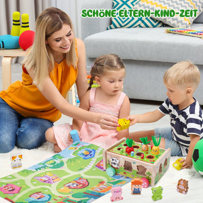 KMTJT Montessori Spielzeug ab 1 2 3 Jahr | Holzspielzeug mit Karte 7-in-1 Farmspiel Motorikspielzeug aus Holz | Kinder Karotten Steckspiel Holz | Montessori Geschenk Mädchen Jungen