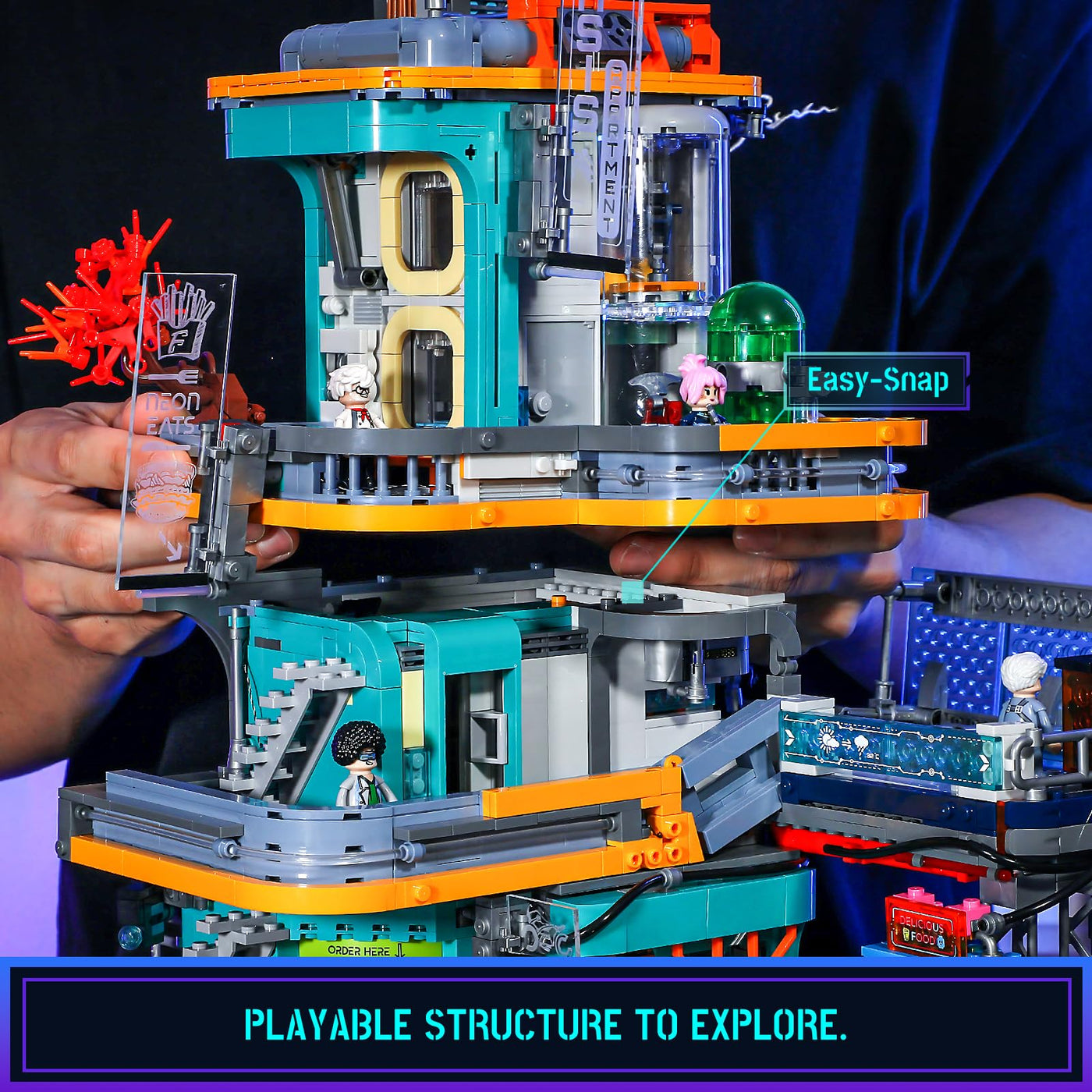 FUNWHOLE Cyberpunk-Villa Beleuchtetes Baustein-Set – 2524 Teile Zukunftsstadt-Modulgebäude Bausatz, Ideales Ausstellungsstück für Erwachsene und Sci-Fi-Fans