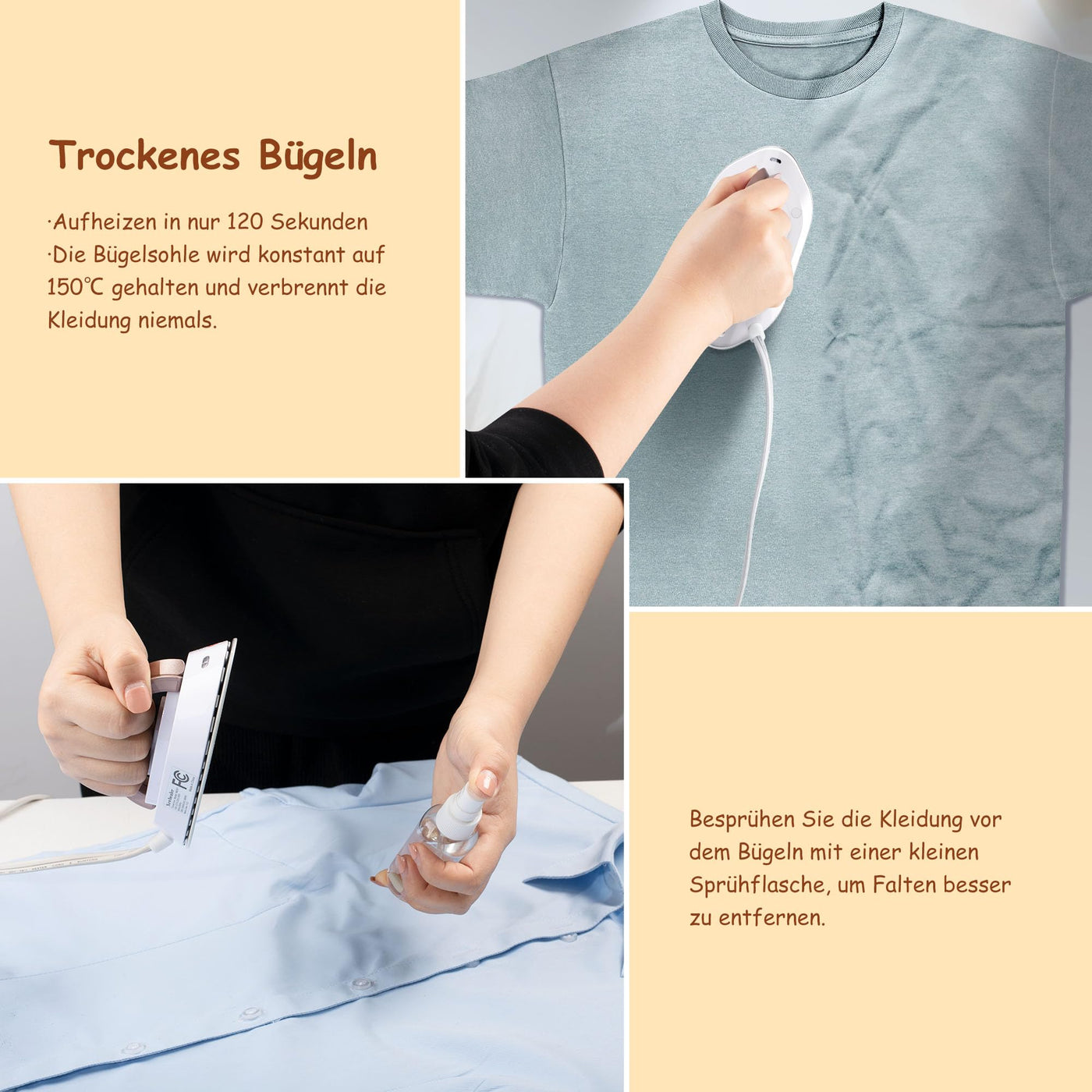 Newbealer Mini Reisebügeleisen mit umschaltbarer Spannung-220V/120V, Kompaktes Bügeleisen für Kleidung (kein Dampf), Keramikfläche, 150 °C Heißpress mit Sprühflasche, Beutel und Silikonständer