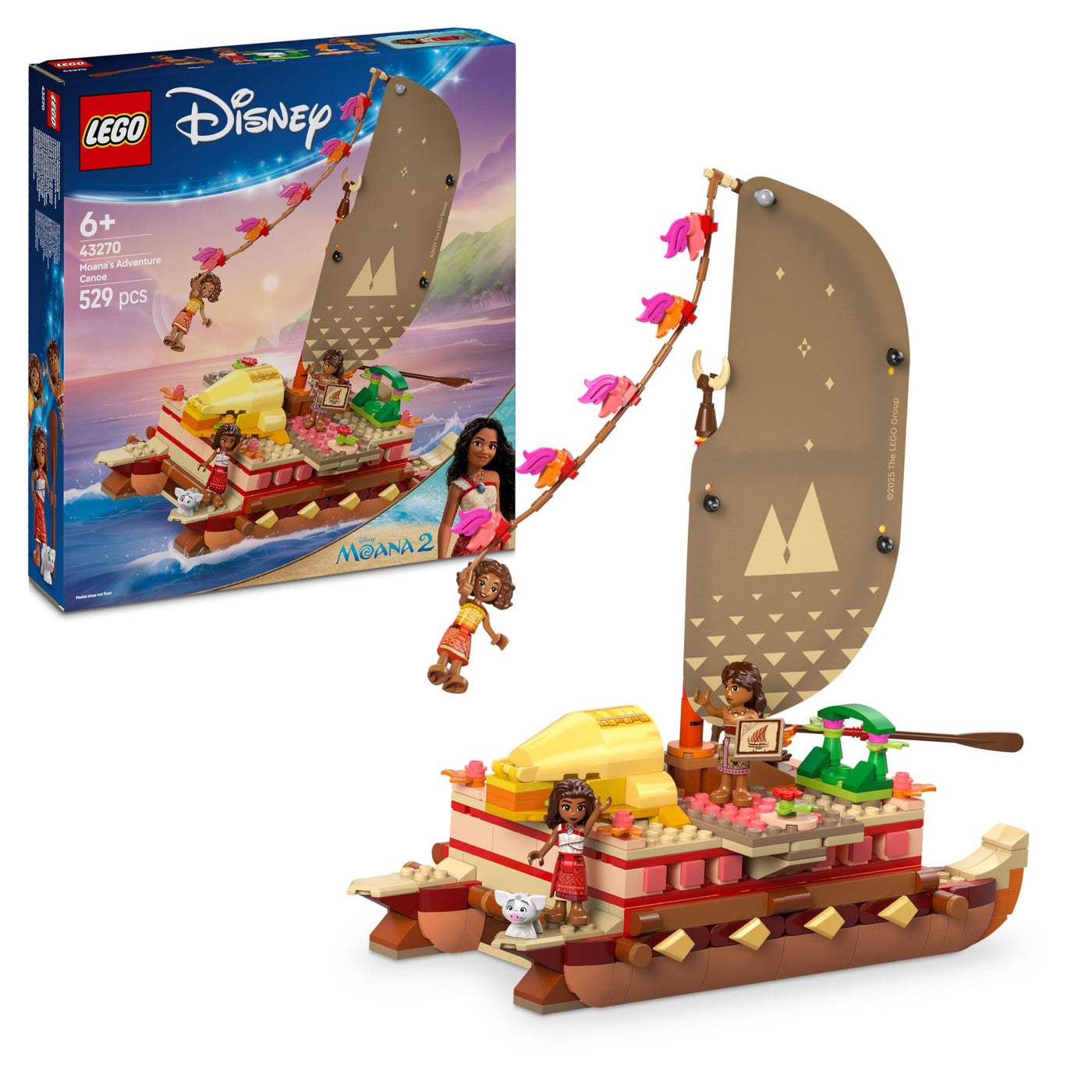 LEGO ǀ Disney Vaiana 2: Vaianas Abenteuerfloß - Spielzeug Boot mit Textilsegel, abnehmbarem Deck, Lagerfeuer & 3 Minifiguren, inkl. Loto und Moni – Geschenk für Mädchen ab 6 Jahren & Fans – 43270