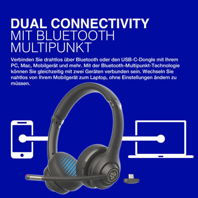 JLab Go Work 2nd Gen Headset mit Mikrofon Bluetooth & USB C Dongle, 55+ Std. Akku, Wireless Headset, On Ear PC Headset mit Mikrofon und Multipoint, kabellos oder mit Kabel, Headset für Handy, Büro