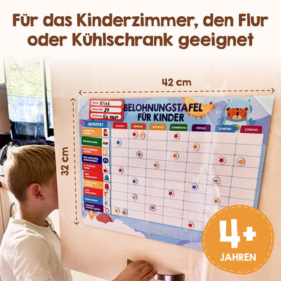 Belohnungstafel für Kinder - [100 Aufgaben + 350 Magnete] - Belohnungssystem für Verantwortung - Family Plan, Montessori Magnettafel, Wochenplaner, Adhs Hilfsmittel - inkl. Tasche, Stift (Dinosaurier)