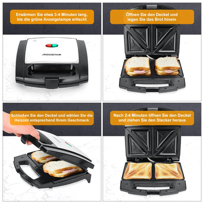Aigostar Sandwichmaker für Dreieckige Sandwichtoasts, 800 W mit Antihaftbeschichtung, Doppelseitiges Backen bei Konstanter Temperatur, Vertikale Lagerung, Rutschfeste Füße, BPA-frei