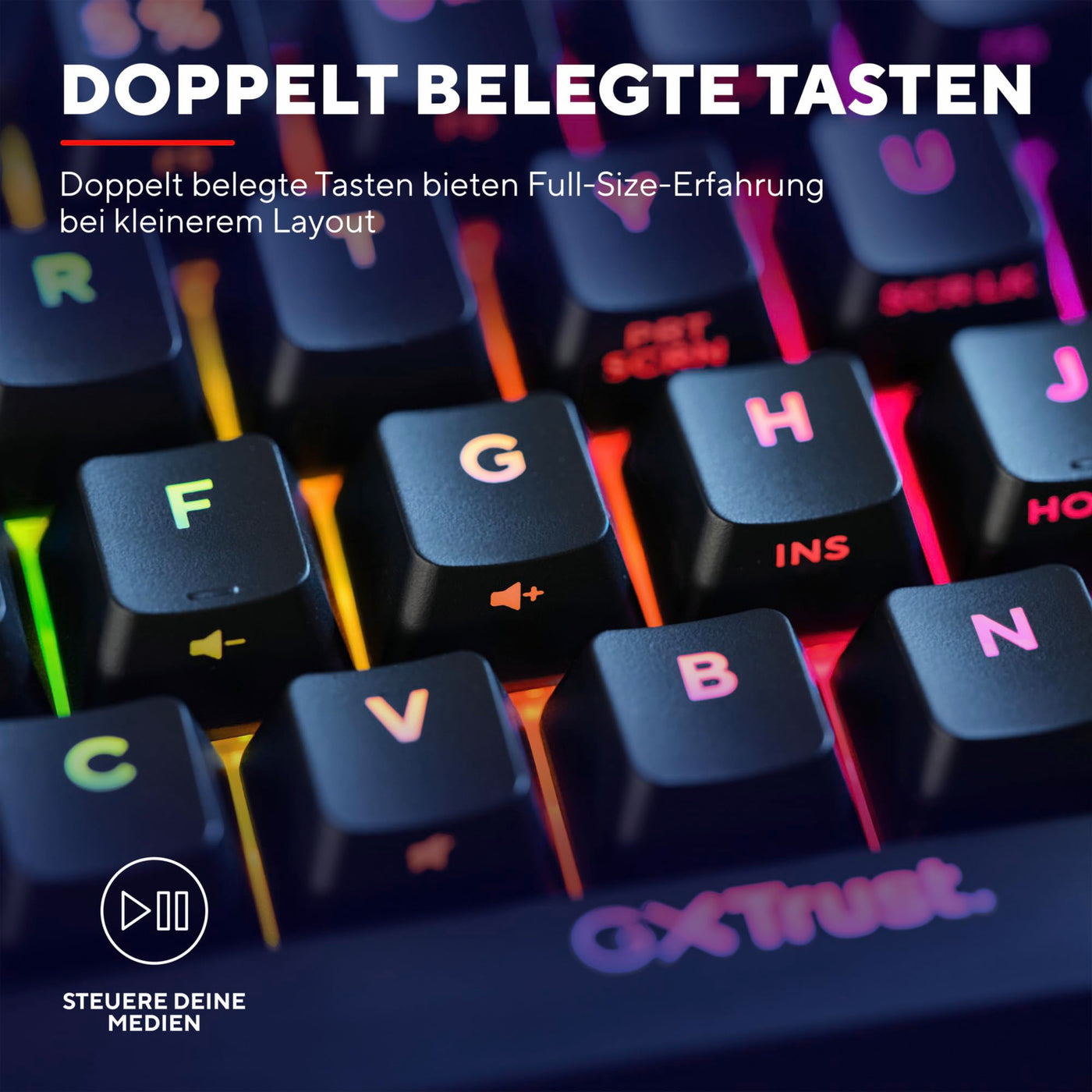 Trust Gaming GXT 867 Acira 60% Mechanische Tastatur Deutsches QWERTZ Layout, RGB Beleuchtung, Doppelt Belegte Tasten, USB Mini Tragbare Programmierbare Kleine Gaming Tastatur 60 Prozent PC Laptop