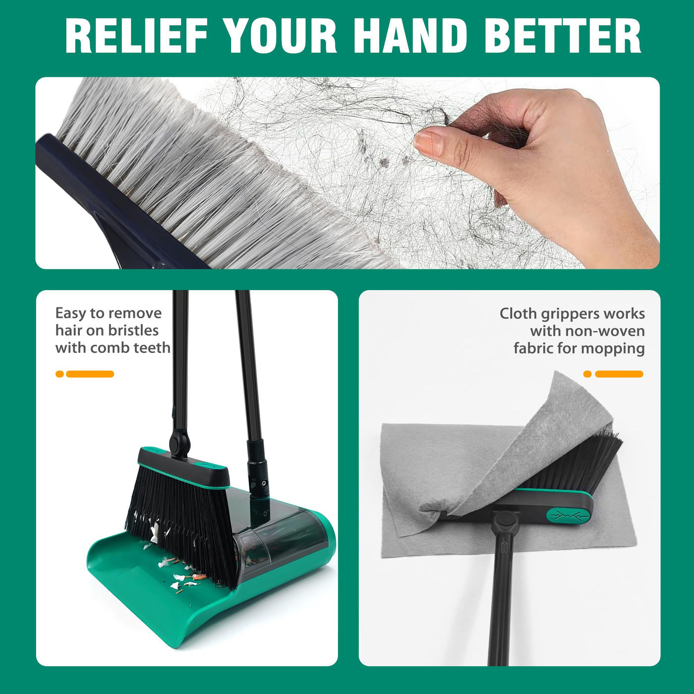 JEHONN Besen und Kehrschaufel Set mit Langem Stiel 136 cm, 180 Grad Drehbar Camping Kehrbesen Innen und Aufgerüstet Groß Schaufel für Vorzelt, Haus, Büro, Lobby, Terrasse (Grün)