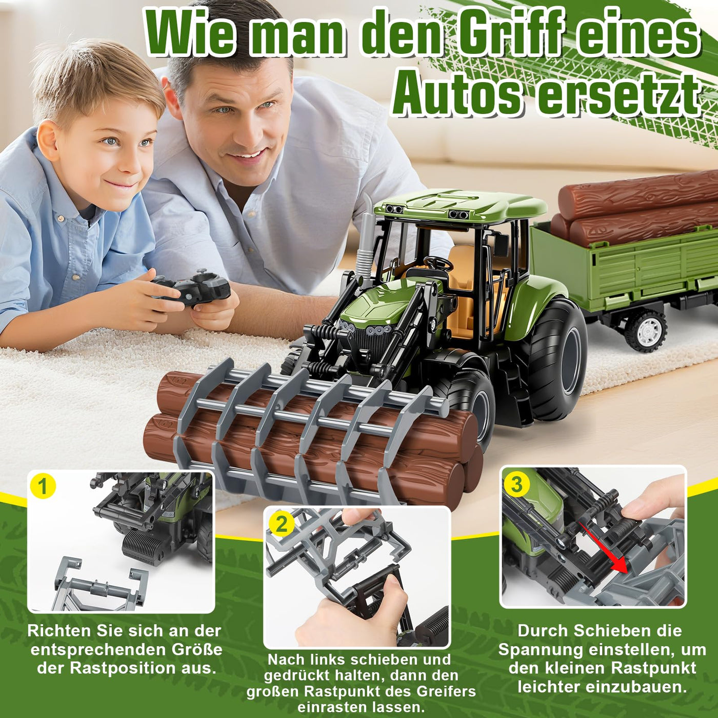 Herenear Ferngesteuerter Traktor für Kinder, Großes RC Traktors Spielzeug- Mit Bluetooth, 2.4 GHz Fernbedienung, Traktor Ferngesteuert mit Anhänger, Bauernhof Fahrzeug Spielzeug Kinder ab 3 4 5 6 7