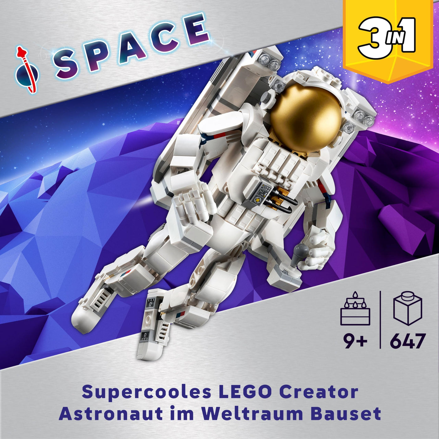 LEGO Creator 3in1 Astronaut im Weltraum Spielzeug, Modellbausatz mit Hund und Raumschiff für Kinder, Kinderzimmer-Deko, kreatives Geschenk für Jungs und Mädchen ab 9 Jahren 31152