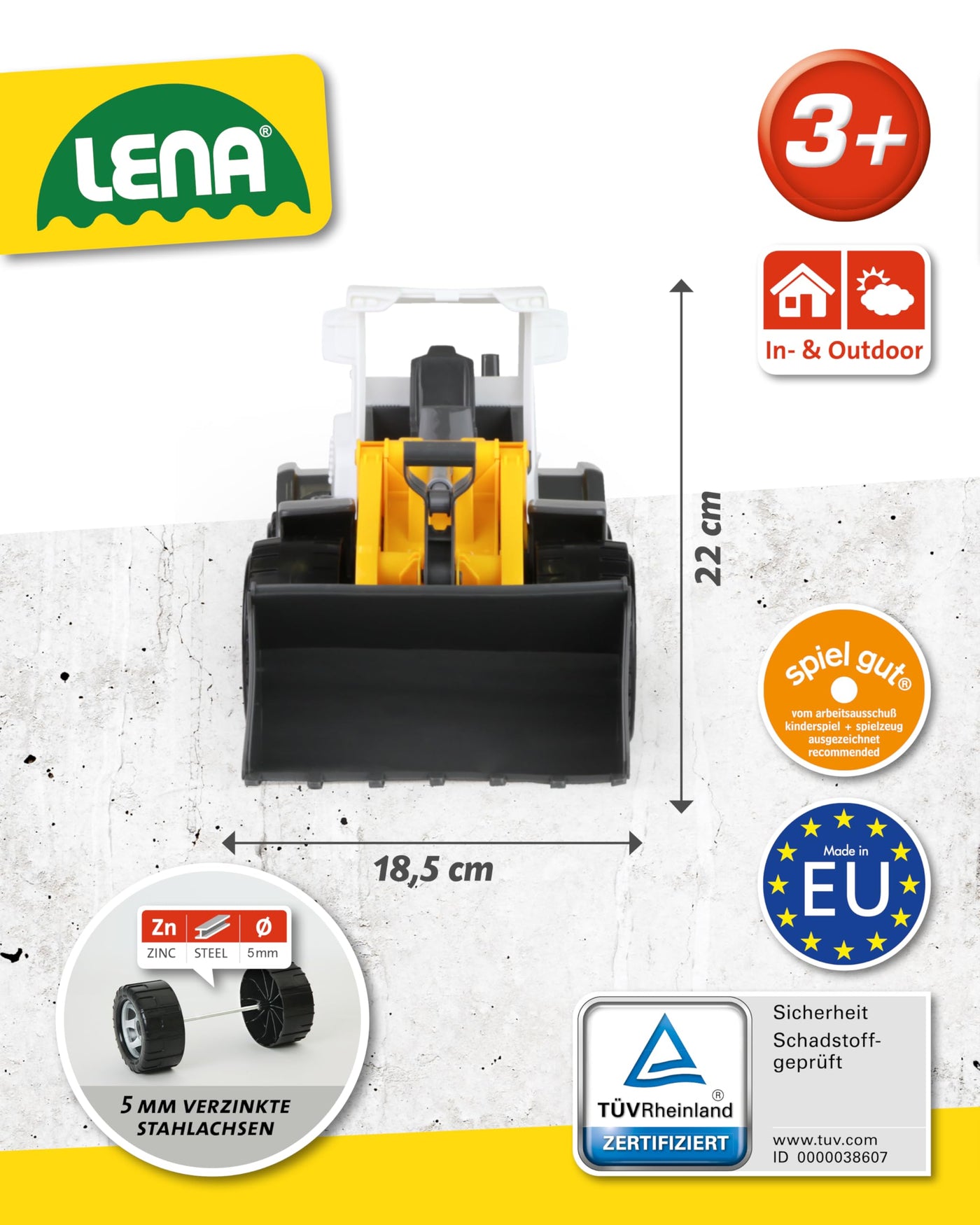 Lena Worxx Radlader Liebherr L538 Litronic 48 cm, realistisches Baustellenfahrzeug, Robustes Spielzeug mit funktionstüchtiger Schaufel und Griff, für Kinder ab 3 Jahren, Gelb