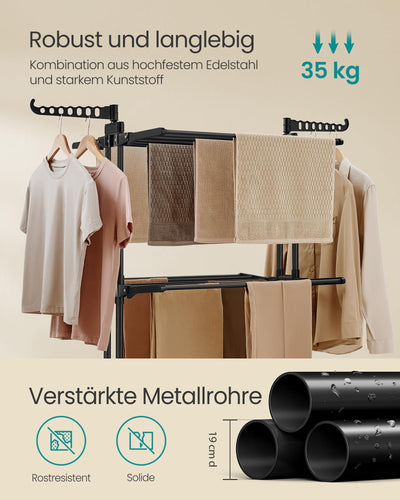 SONGMICS Wäscheständer, Standtrockner 4 Ebenen, Flügelwäscheständer, klappbare Flügel, mit Rollen, 63,5 x 128 x 173 cm, groß, einfacher Aufbau, für Innen- und Außenbereich, tintenschwarz LLR701B01