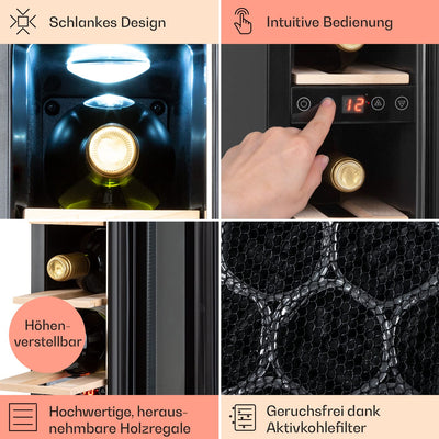 Klarstein Weinkühlschrank, 1 Zonen Getränkekühlschrank, Kleiner Einbau-Weinschrank Schmal, 20L Wein-Kühlschrank mit Glastür, Indoor/Outdoor Flaschenkühlschrank, Wine Fridge 5-22°C, 7 Flaschen