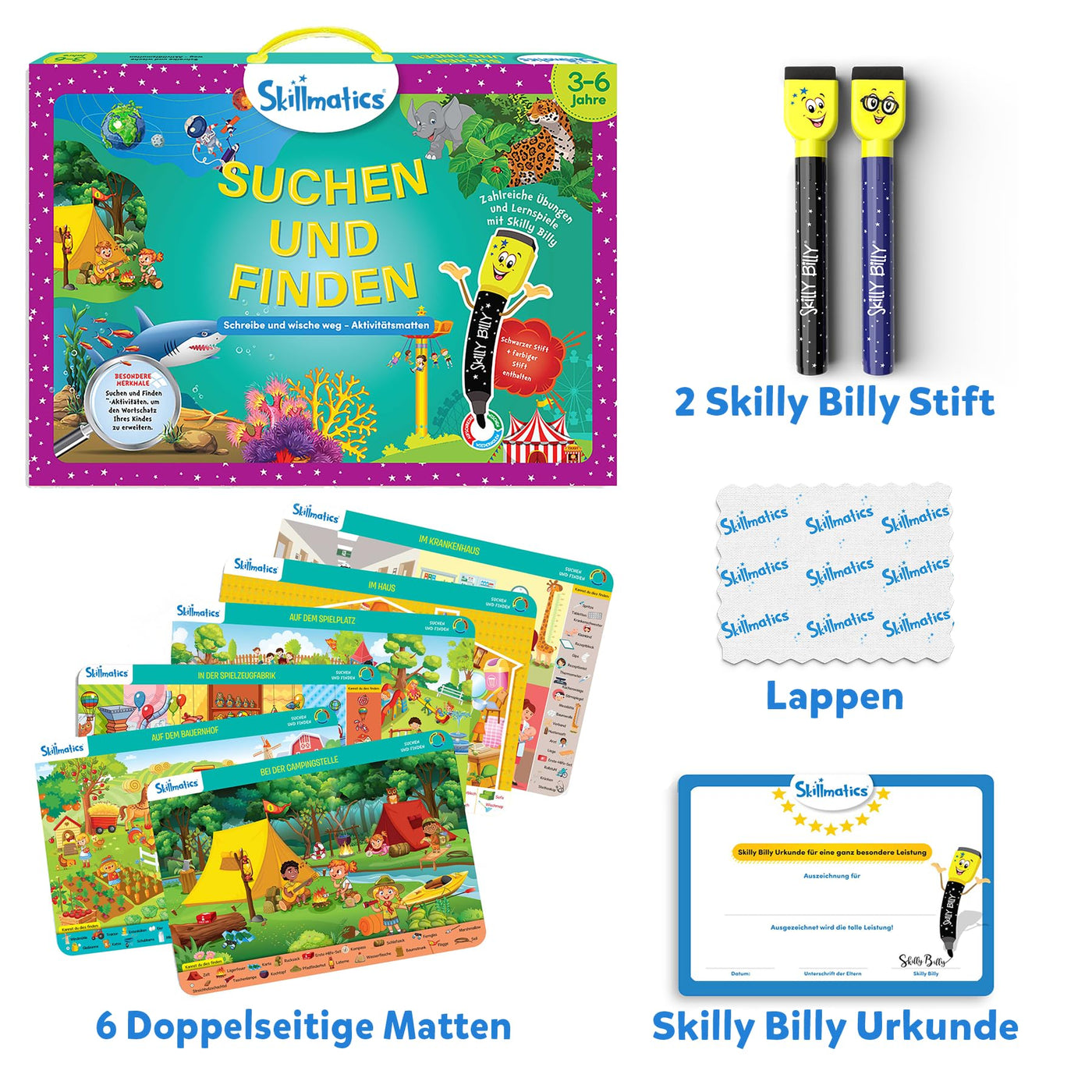 Skillmatics Lernspiel - Suchen und Finden, Geschenke und Vorschullernen für Kinder 3-6 Jahre, Wiederverwendbare Aktivitätsmatten mit 2 Stiften