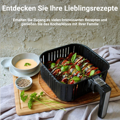 KLAMER Heißluftfritteuse 5,5l XXL, ölfreie Friteuse, 1700W Airfryer mit LED-Touchscreen, digitalem deutschen Rezeptbuch, multifunktionale Mini-Heissluftfrittuese ohne Öl