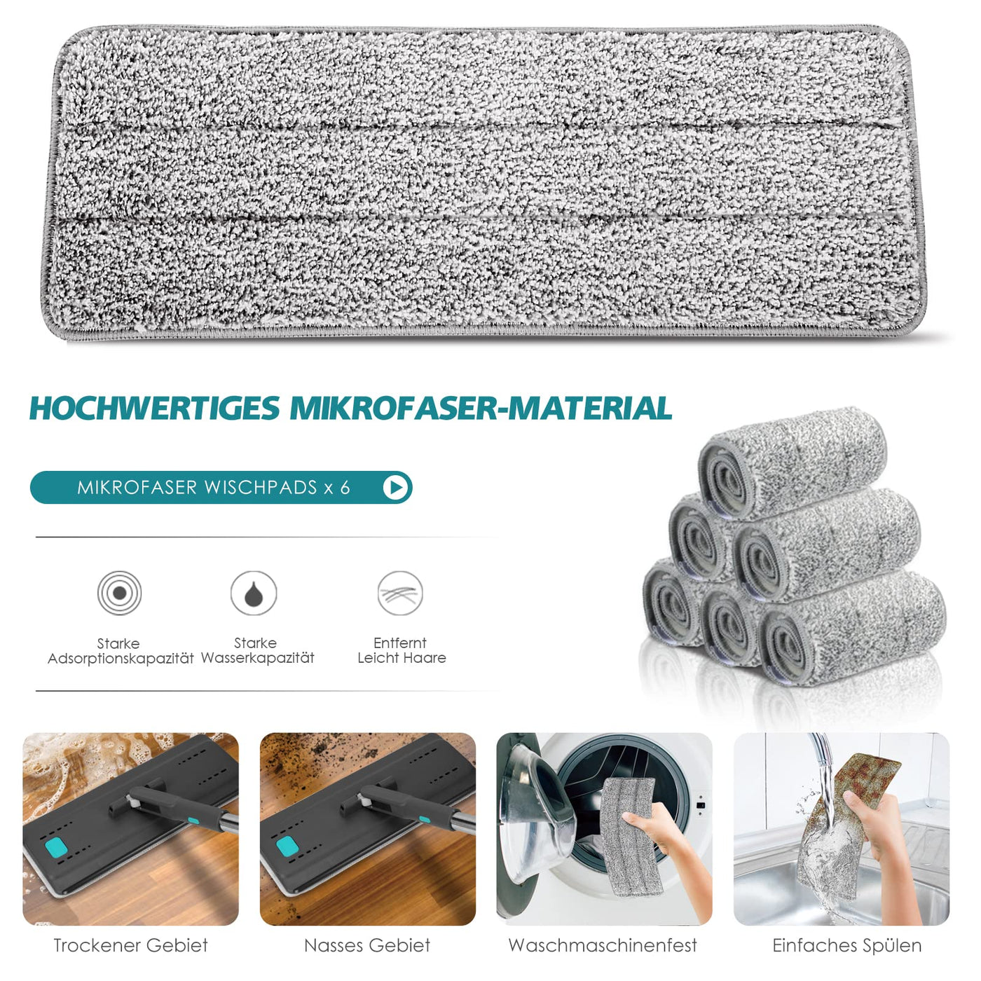 Myiosus Wischmopp Set mit Eimer, Bodenwischer mit Auswringfunktion, 6 Mikrofaser Mehrweg Wischpads Enthalten, Putzeimer mit Wischmop, Mop and Buckets Sets für Hartholz Fliesen Marmor Laminat