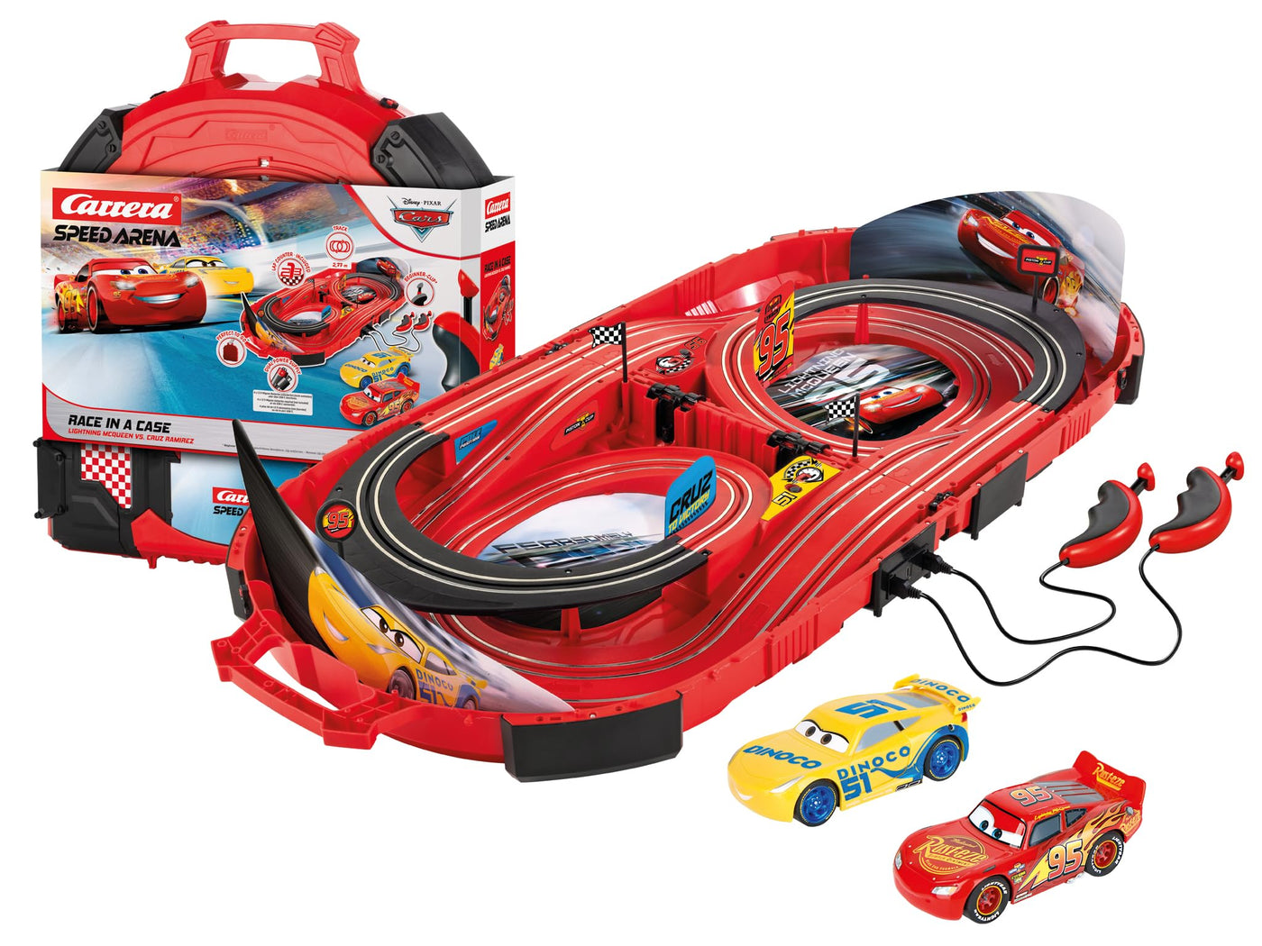 Carrera Speed Arena Disney Pixar Cars I Slotbahn Kinder 1:50 – Mobile Rennbahn im Koffer mit Lightning McQueen & Cruz Ramirez – Rennspaß to go für Zuhause, unterwegs & Kindergeburtstag