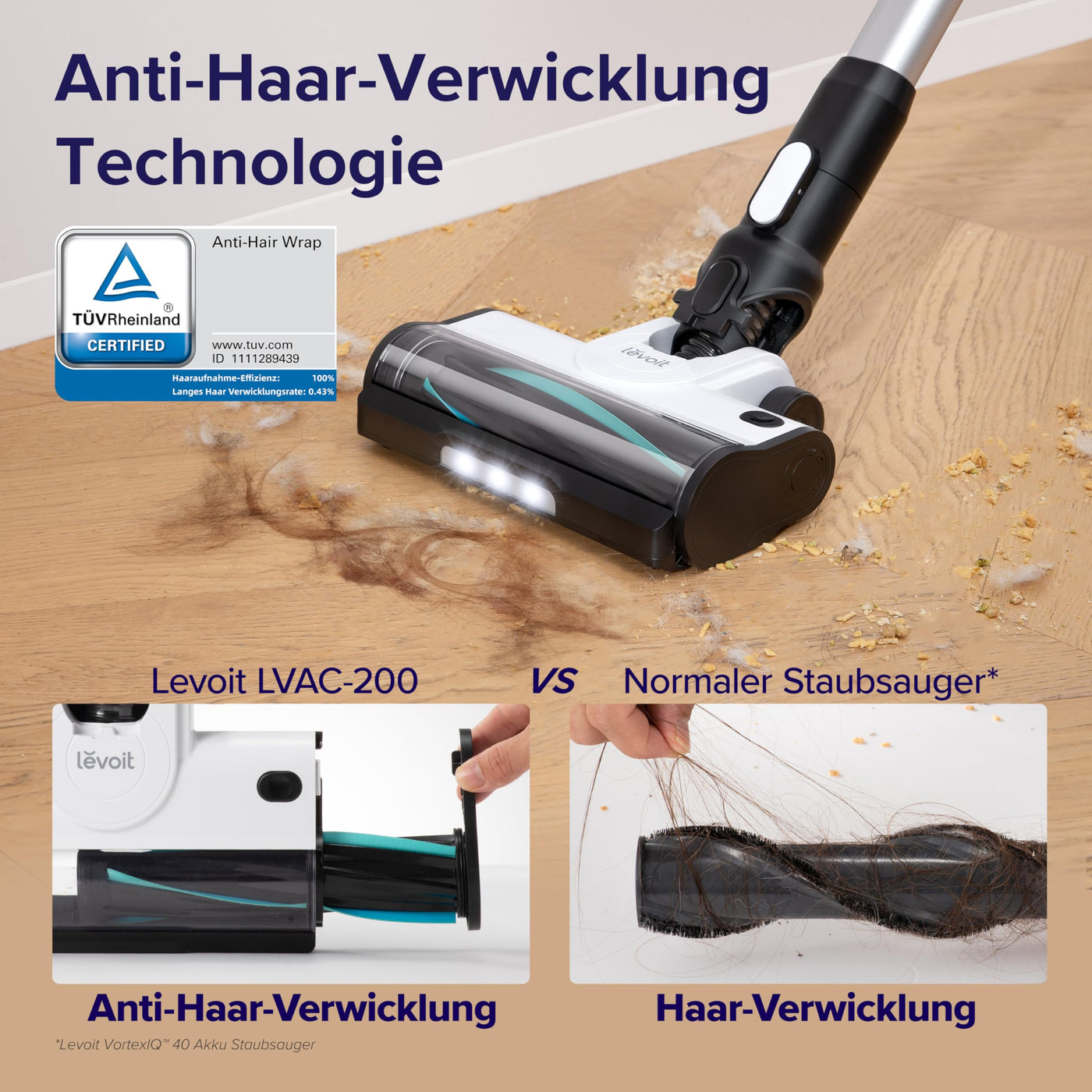 Levoit Akku Staubsauger mit Tierhaardüse, Anti Haar Wrap, 4-in-1 Kabelloser Akkustaubsauger mit 99,9 Prozent Filterleistung, Beutelloser Akkusauger für Teppich Hartböden und Auto, LVAC 200 Gold