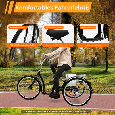 Konfiur Dreirad für Erwachsene, 26 Zoll 6 Gang Lastenfahrrad, Modern 3 Räder Fahrrad Erwachsene mit Einkaufskorb, City Einkauffahrrad Bike, 3 Räder Dreirad für Outdoor-Aktivitäten (Schwarz)