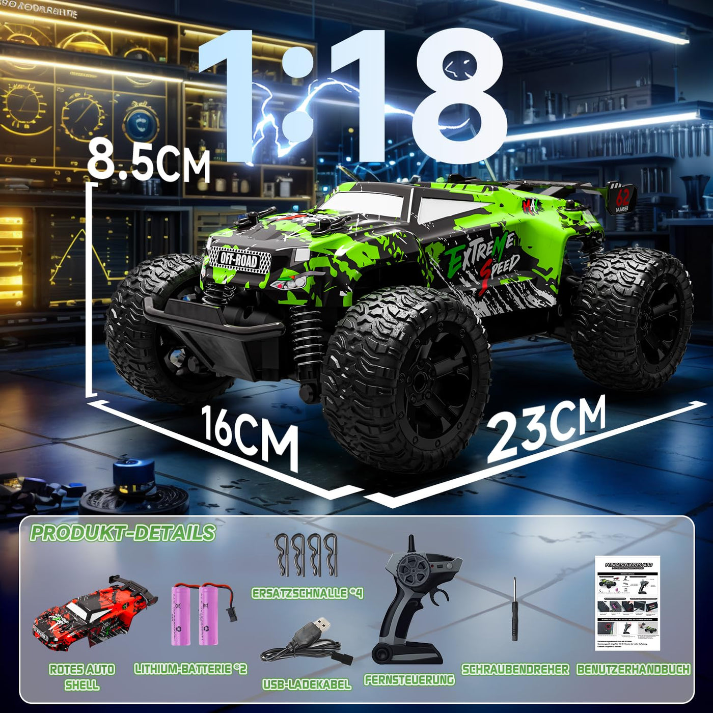 Ferngesteuertes Auto ab 3 4 6 8 Jahre, 1:18 Ferngesteuerter Monstertruck Ferngesteuert Mit Karosserielicht/Doppelschale, RC Auto Ferngesteuert ab 3 4 6 8 Jahre Kinder Geschenke für Jungen und Mädchen