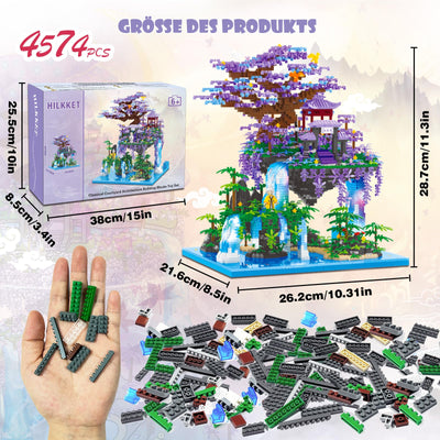 HILKKET Sakura Baumhaus Bauklötze Kit, 4574 Teile Chinesische Architektur Bausteine mit Lichter, Feenpavillon Micro Mini Bausteine, Sakura Baumhaus Lichter Baukasten mit Geschenkbox