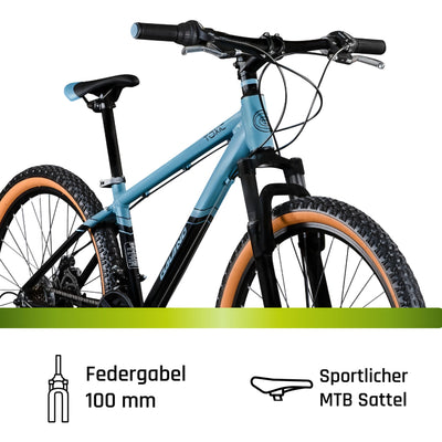 Galano Toxic Mountainbike 26 Zoll ab 145 cm für Damen Herren Mädchen Jungen mit 21 Gang, Federgabel und Scheibenbremse Fahrrad MTB Hardtail Unisex (schwarz/blau, 36 cm)