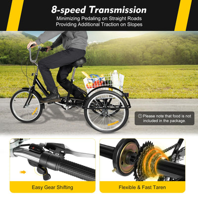 Tenddya Dreirad für Erwachsene, 20 Zoll Erwachsene Dreirad 8 Gang Dreirädriges Cruiser-Fahrrad m/Einkaufskorb, Senioren Dreirad für Erholung, Einkaufen, Picknicks Schwarz