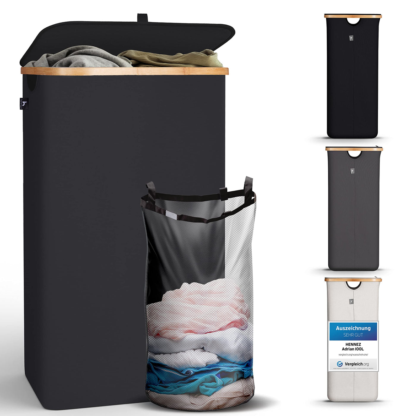 HENNEZ Wäschekorb mit Deckel – Wäschekorb mit Griff aus Bambus – Wäschekorb, faltbar, 100 l – Wäschekorb für Waschküche, Wäschekorb, Schwarz