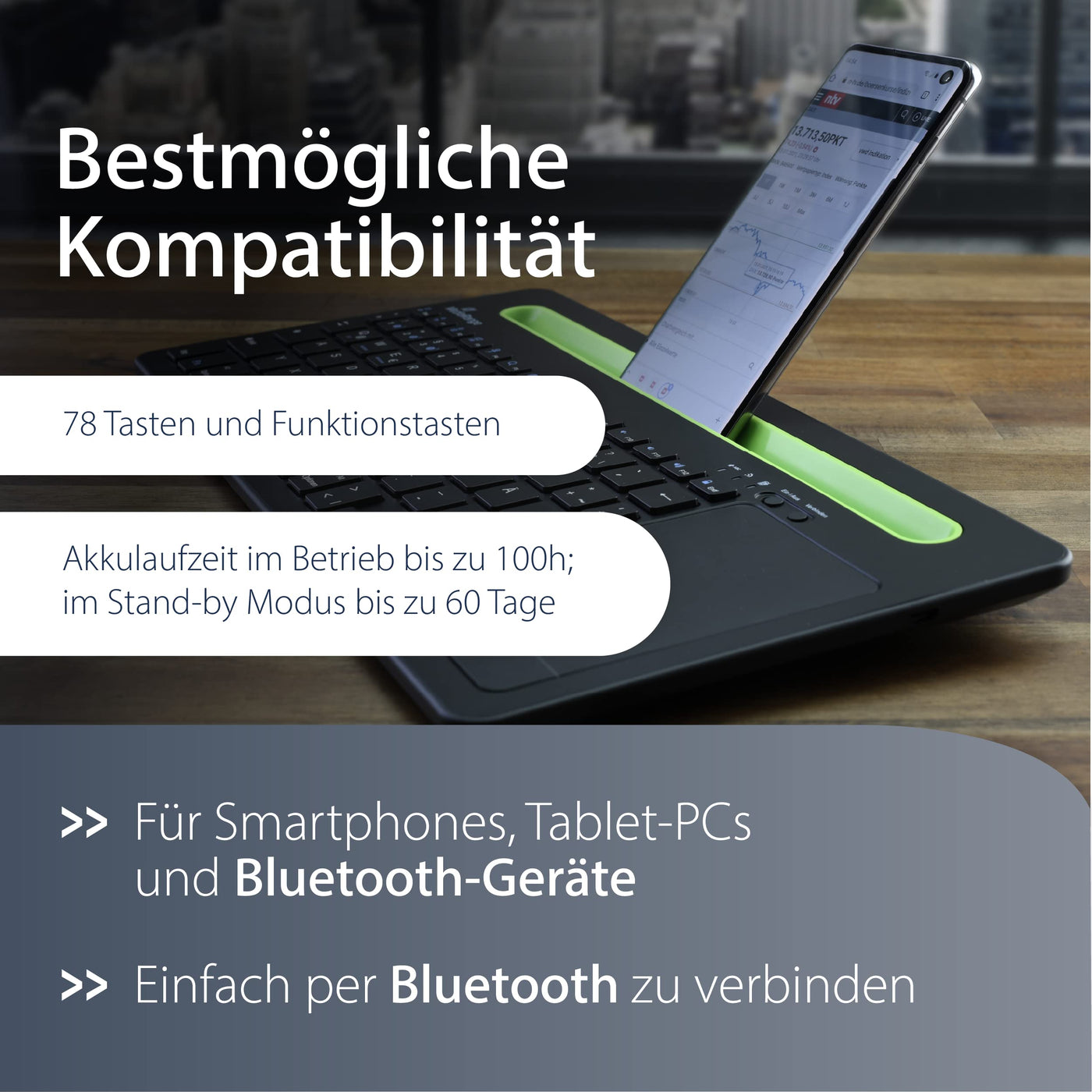 MediaRange, Bluetooth, kompakte Multi-pairing Funk-Tastatur mit 78 Tasten und Touchpad, QWERTZ (DE/AT/CH) Tastaturbelegung, schwarz/grün