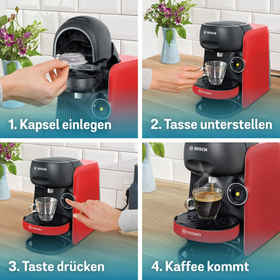 Bosch Tassimo Finesse Kapselmaschine TAS16B7 Kaffeemaschine by, 70 Getränke, intensiverer Kaffee auf Kopfdruck, Abschaltautomatik, perfekt dosiert, platzsparend, 1400 W, rot