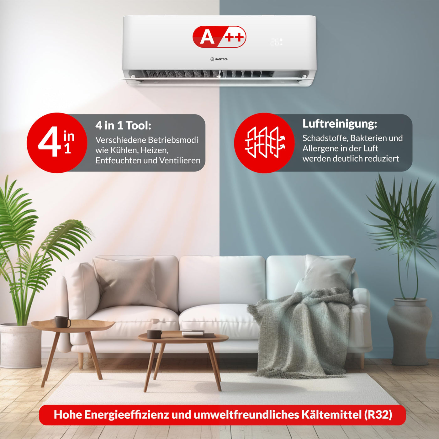 Split Klimaanlage 9000 BTU HANTECH H-PRO Heiz-&Kühlfunktion, Luftfilter, WIFI, Montagematerial