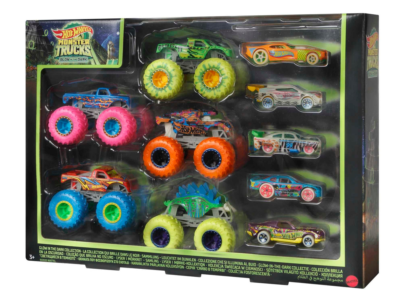 Hot Wheels Monster Trucks - Multipack mit Leuchteffekt im Dunkeln, 10 Fahrzeuge im Maßstab 1:64, 5 Monster Trucks und 5 Fahrzeuge für Sammler und Kinder, HCB57