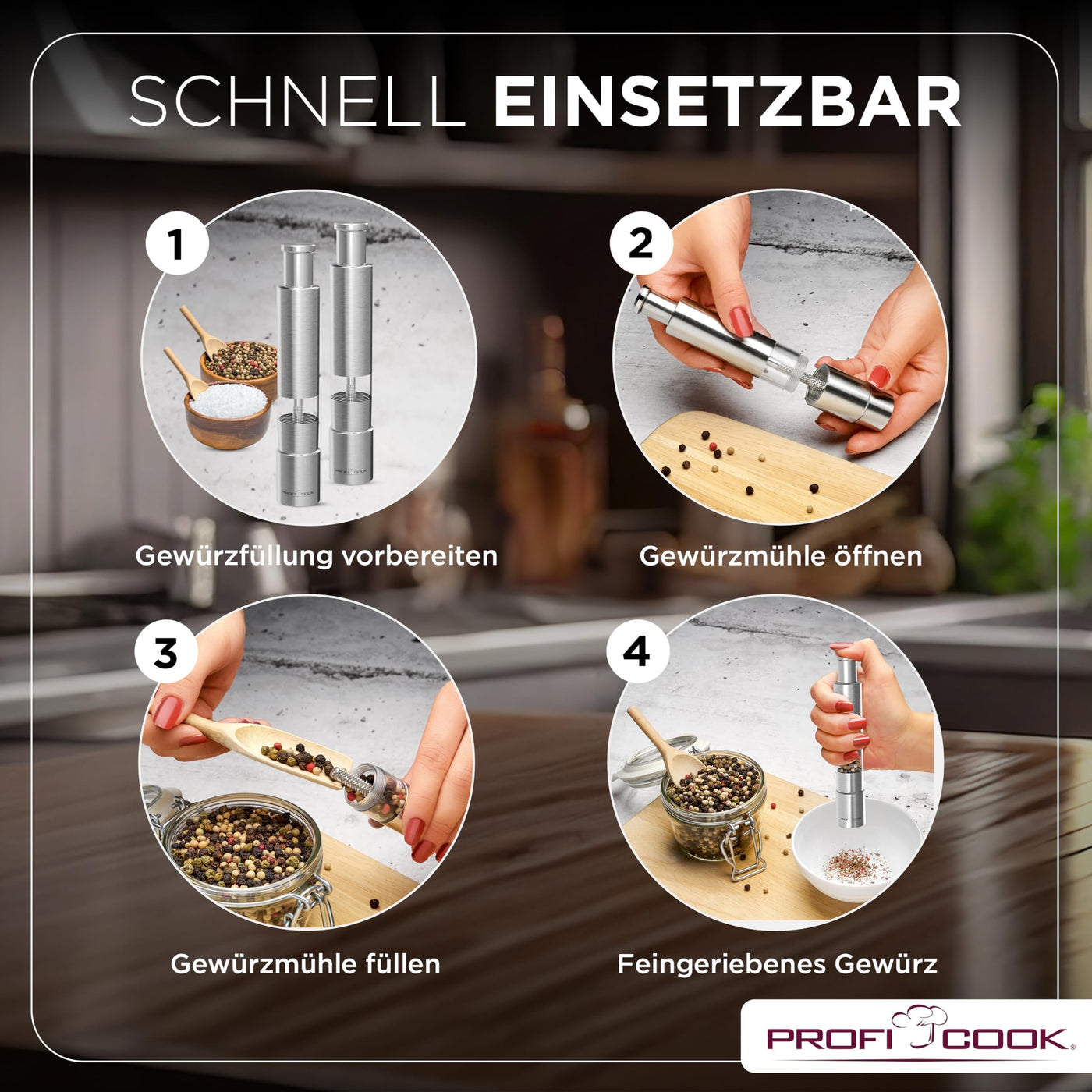 ProfiCook® Salz und Pfefferstreuer | Pfeffermühle | Salz und Pfeffermühle | 2er Set | Salzstreuer Edelstahl | robustes Mahlwerk | Einhandbedienung | 100% mechanisch | Gewürzmühle PC PSM 1160
