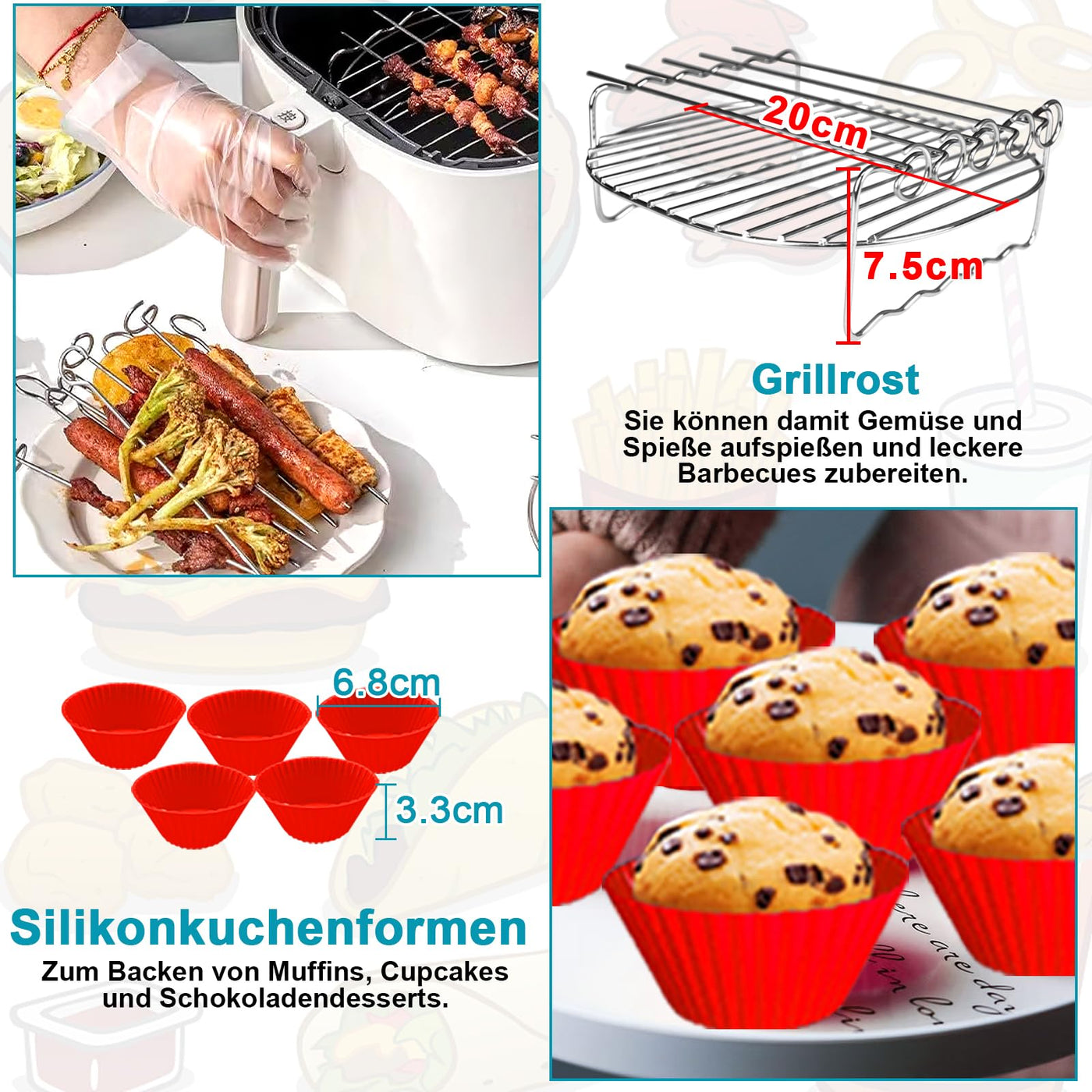 Heißluftfritteuse Zubehör 21cm, Airfryer Zubehör Kompatibel für Philips Airfryer XL 6,2L, COSORI 5,5L 4,7L, Cecotec 6L Airfryer Silikonform Pot, Wiederverwendbar Air Fryer Accessories- 4 stk