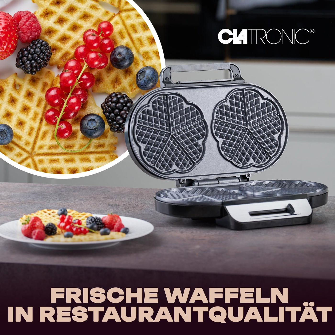 Clatronic Waffeleisen mit 2 antihaftbeschichteten Backflächen | Waffeleisen Herzform stufenlos einstellbarer Bräunungsgrad & Backampel | 2 Waffeln pro Backvorgang in wenigen Minuten | 1200W | WA 3745