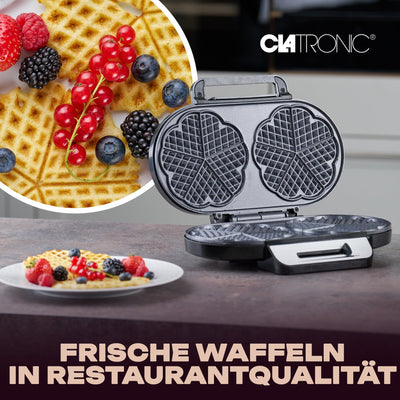 Clatronic Waffeleisen mit 2 antihaftbeschichteten Backflächen | Waffeleisen Herzform stufenlos einstellbarer Bräunungsgrad & Backampel | 2 Waffeln pro Backvorgang in wenigen Minuten | 1200W | WA 3745