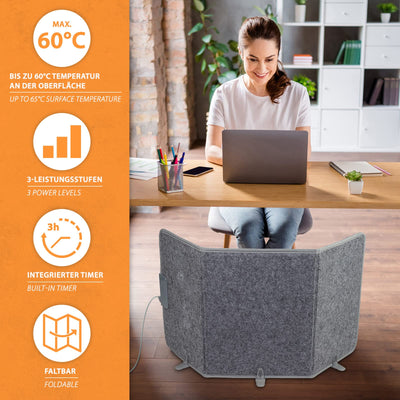 Mi-Heat Infrarot Schreibtischheizung Heizpaneel 260W | Standheizung für Büro Schreibtisch Arbeitsplatz unter den Tisch | Temperatur bis zu 60°C faltbar, Grau