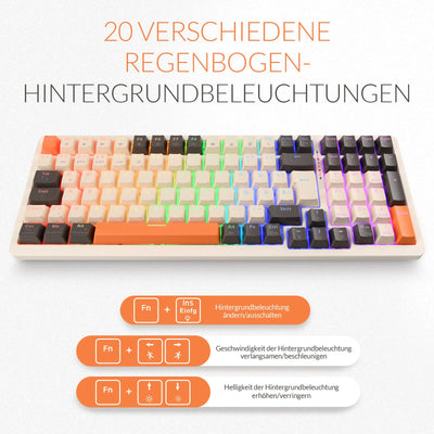 Rii Mechanische Tastatur Kabellos, Gaming Tastatur Bluetooth, Tri-Modi Gaming Tastatur 75 Prozent mit QWERTZ, 20 Arten von Regenbogen-LED-Hintergrundbeleuchtungen (BT5.0 + 2.4GHz + Kabel)