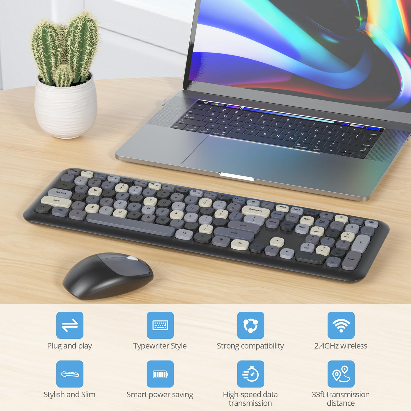 SOLIDEE Buntes kabellose Tastatur und Maus-Kombination,2.4GHz Retro Schreibmaschine Tastatur,104 Tasten in voller mit Ziffernblock,Leise membran Tastatur(Amerikanisch QWERTY)(Black Grey)