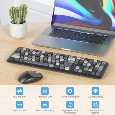 SOLIDEE Buntes kabellose Tastatur und Maus-Kombination,2.4GHz Retro Schreibmaschine Tastatur,104 Tasten in voller mit Ziffernblock,Leise membran Tastatur(Amerikanisch QWERTY)(Black Grey)